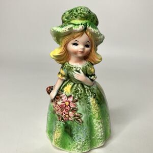 Vtg Enesco Girl Planter Blonde Ceramic Figurine 7" Beige Green Dress Flowers
